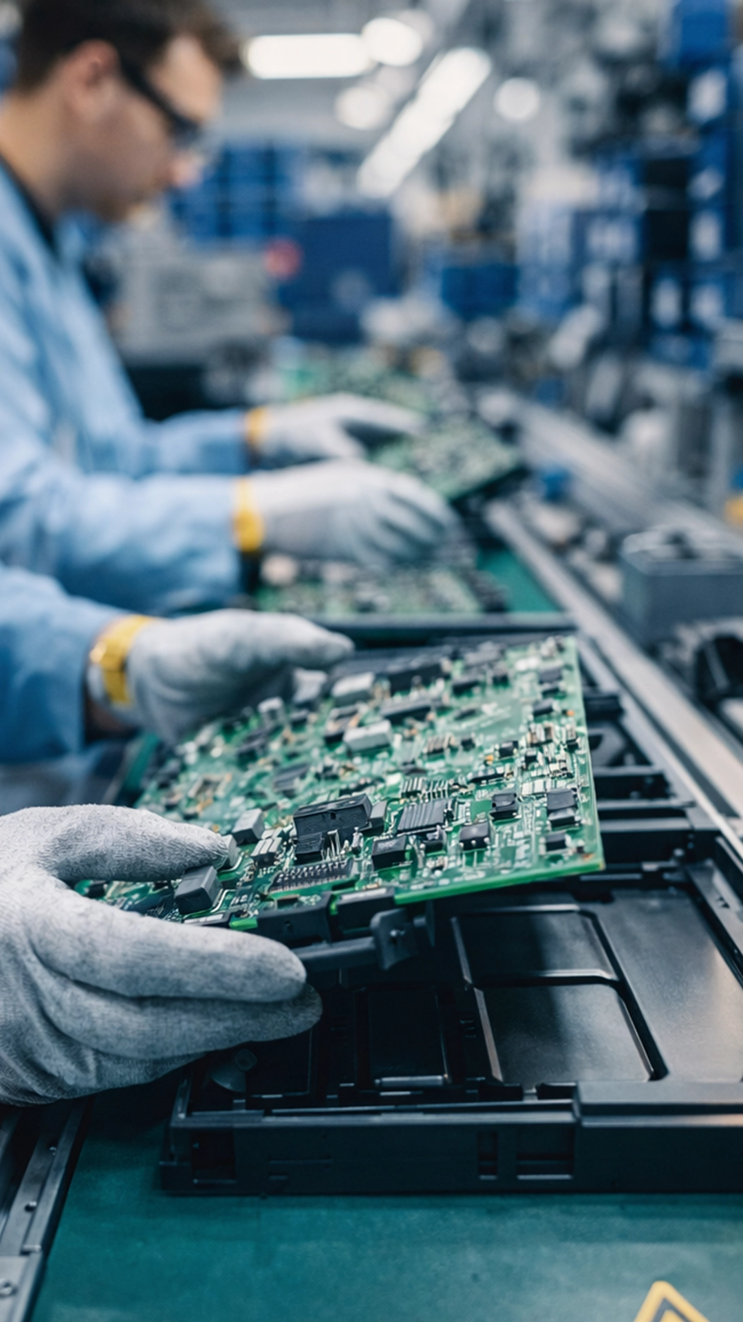 Platine wird begutachtet, Stimmungsbild für Schaumstoff in der Elektrotechnik.